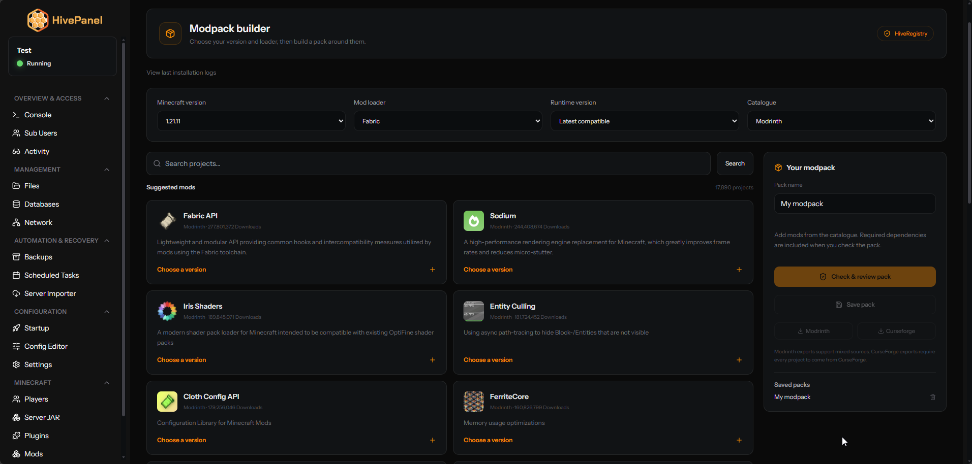 Custom modpack builder in HivePanel